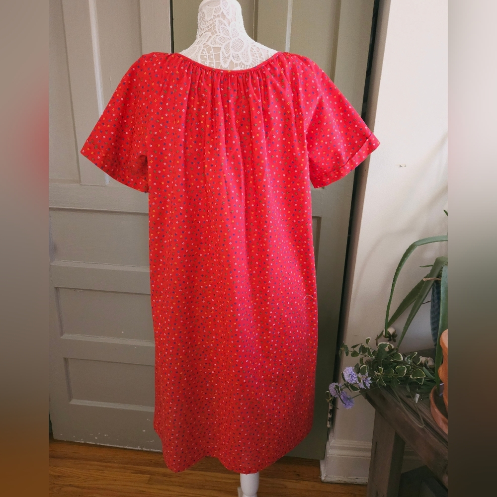 Vintage 80s Red Floral Snap Smock Craft House Dress Apron Womens Large - Picture 4 of 14